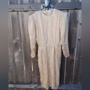 Argenti x Vintage All Silk Midi Dress Long Sleeve Med Cream Swirl Print 80s M